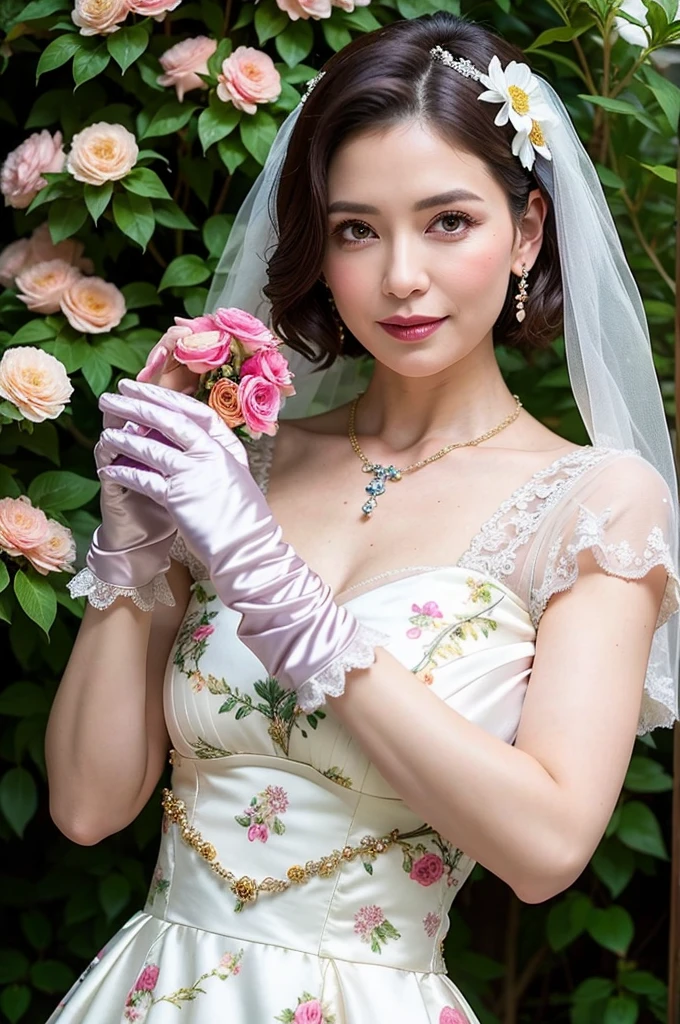 ((Masterpiece)), ((Best Quality)), A middle-aged short-hair woman, ((She is wearing an ornamental floral satin wedding dress)), She is wearing gloves on her hands., outdoor, She is in a garden. She is wearing a big necklace.