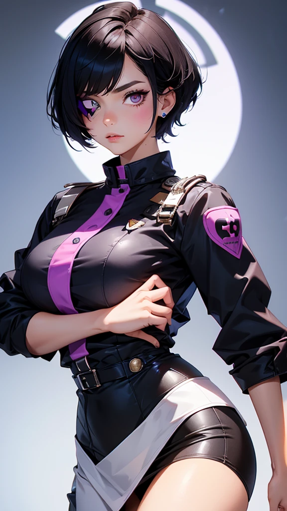 Beautiful girl wearing high-neck punk nurse uniform（20-year-old）She has an eyepatch with a heart mark on one eye, black hair, purple inner color, and short hair.