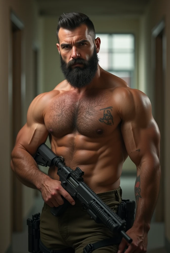 handsome, handsome man, tough man, 40 year old man, ex-soldier, ex-special forces soldier, beard, dark mustache, thick mustache, short beard, thick beard, muscular, muscles, abs, thick neck, huge man, large man, husky man, handgun, holding handgun, trimmed beard, thick beard, pecs, shirtless, ultrarealistic, well-lit, good lighting, soft lighting, 8k