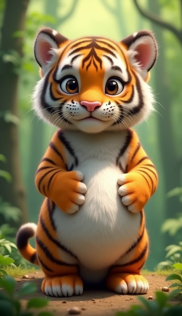 A cute real tiger cub, Very fat,Full of patterns,Pregnant big belly,Big bright eyes, Cute and cuddly,Fluffy, Delicate and exquisite, Realistic tiger cub,The expression is very cute,Two paws touching the belly,Green forest background