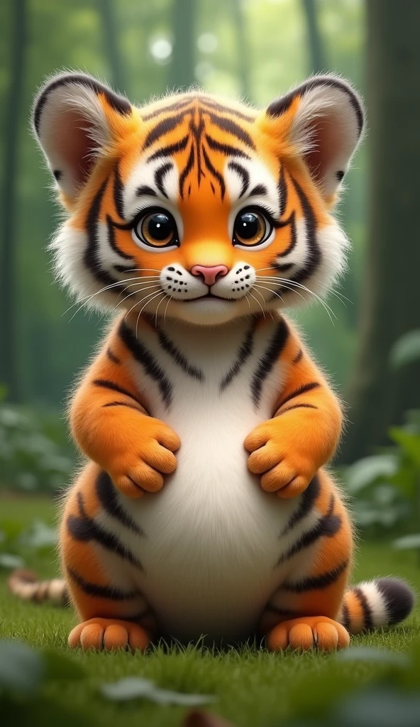 A cute real tiger cub, Very fat,Full of patterns,Pregnant big belly,Big bright eyes, Cute and cuddly,Fluffy, Delicate and exquisite, Realistic tiger cub,The expression is very cute,Two paws touching the belly,Green forest background
