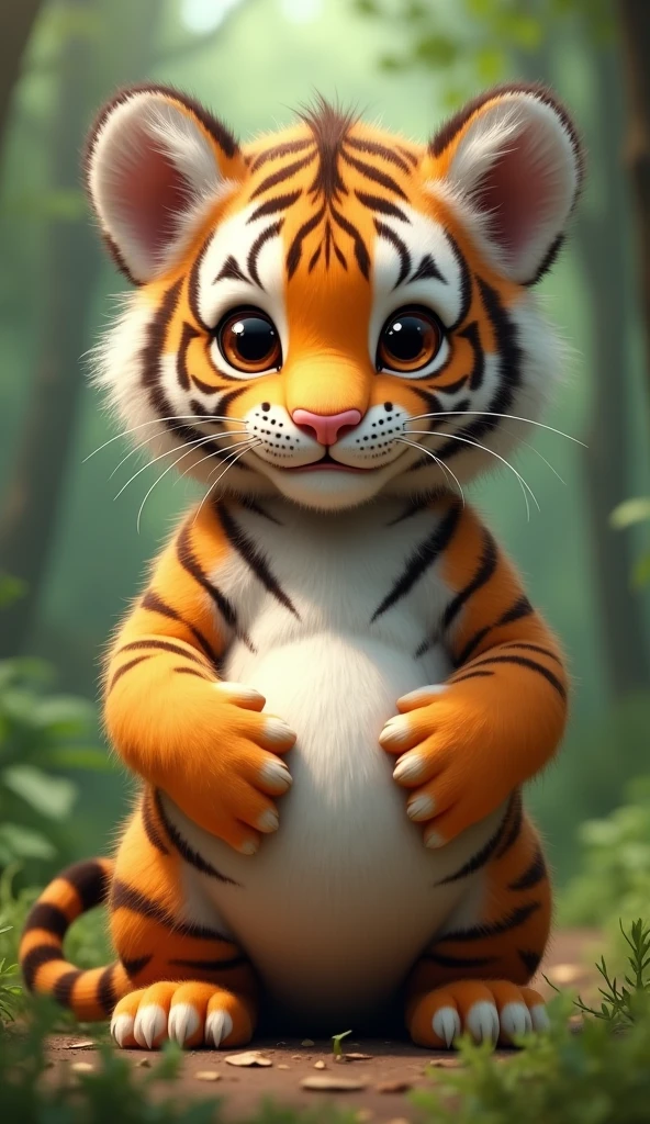 A cute real tiger cub, Very fat,Full of patterns,Pregnant big belly,Big bright eyes, Cute and cuddly,Fluffy, Delicate and exquisite, Realistic tiger cub,The expression is very cute,Two paws touching the belly,Green forest background
