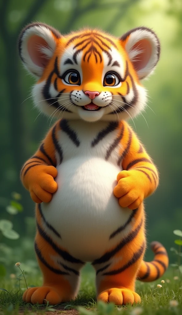A cute real tiger cub, Very fat,Full of patterns,Pregnant big belly,Big bright eyes, Cute and cuddly,Fluffy, Delicate and exquisite, Realistic tiger cub,The expression is very cute,Two paws touching the belly,Green forest background