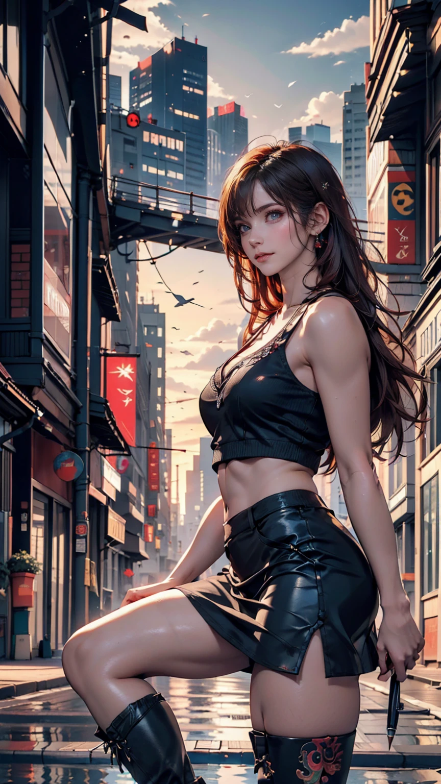 ((Best illustrations)) Brazilian, Redhead, Teenage body, Black Top, Black tight skirt, Black boots, Cityscape, building, Skyline, sunset, Silhouette reflected in the clouds, Contemplative.  
