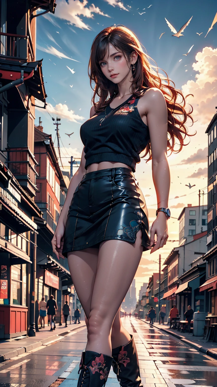 ((Best illustrations)) Brazilian, Redhead, Teenage body, Black Top, Black tight skirt, Black boots, Cityscape, building, Skyline, sunset, Silhouette reflected in the clouds, Contemplative.  