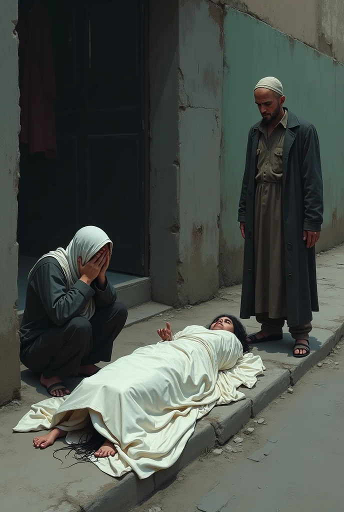 A woman covered with a sheet is lying on the side of the road. 
A madrasa student sits and cries. A gentleman stands in front of them.