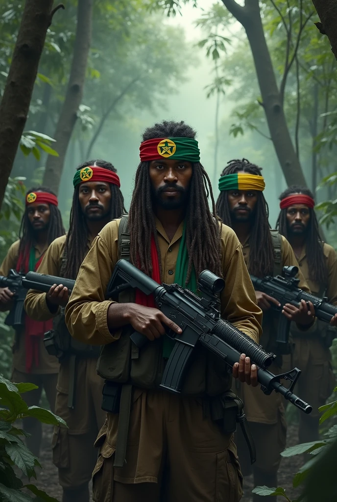 Seven Amhara Fano fighters in a scary jungle with long trees and their logo and flag has only green,yellow and red colors respectively.And also they have modern weapons.In addition They don't cut their hair for a while that mean they have long hair and they tie the flag on their forehead.