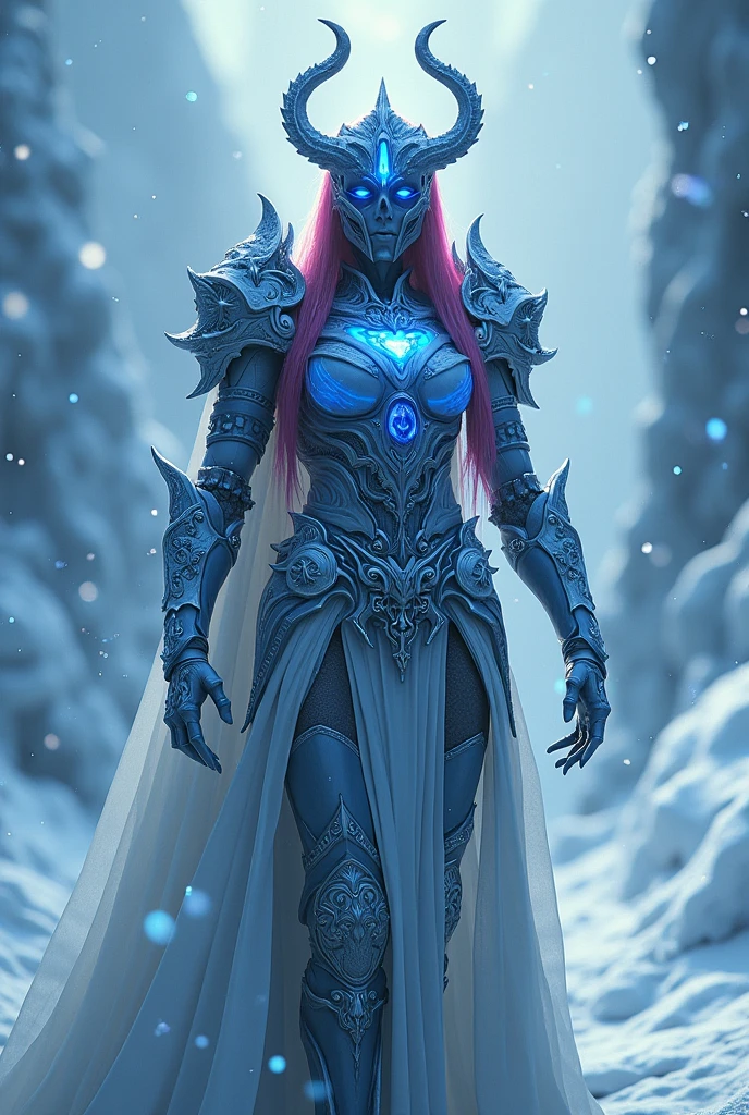 deathknight,epic,woman,Standing with one arm reaching out((hyperdetailed photography))),realistic,ultra detailed,ray tracing,octane render,intricate,cinematic,glowing body features,ornate skull armor,colored inner hair,masterpiece,fractal,fair,perfection,hyper realistic reflections,50nm dof,bokeh,realistic,sharp focus,ultra detailed,8k,uhd,snowing environment,high resolution,trending on artstation and deviantart,featured,glacial blue theme