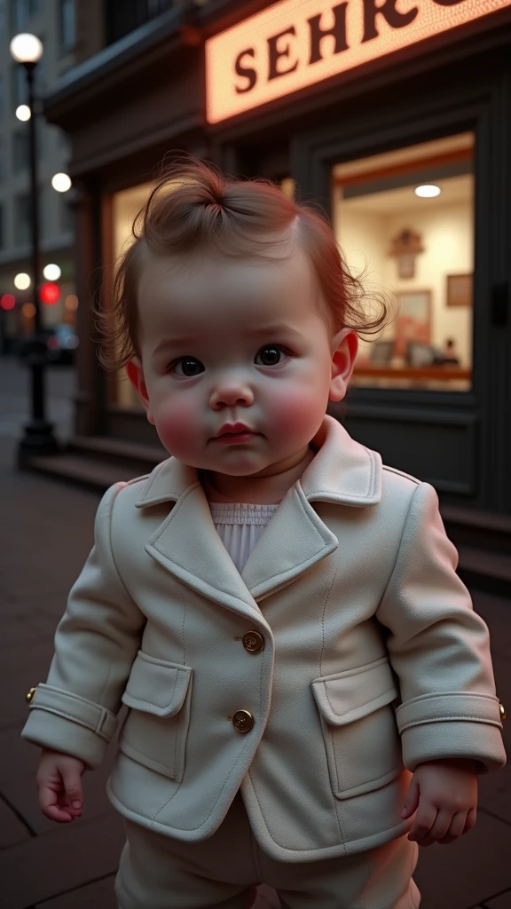 Mets le bébé qui est une  nommée June debout dans une rue très éclairée de nuit, elle porte un tailleur type Channel. Ultra détaillé, ultra ressemblant, ultra réaliste, respect de l âge, 8k