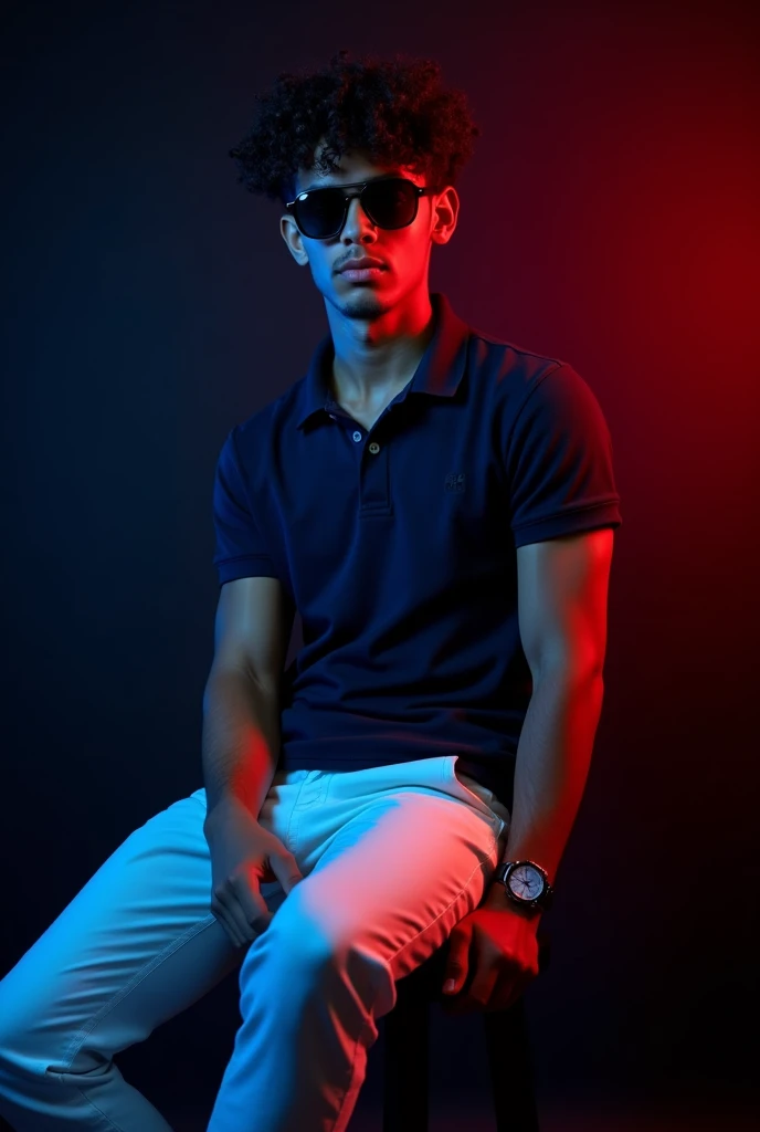 A tan boy with gym body and black curly hair and navy blue polo t shirt and white long trousers and old watch on it and black loafers sitting on black stool and black background with red and blue light on it the boy turning right side and wereing a sunglass