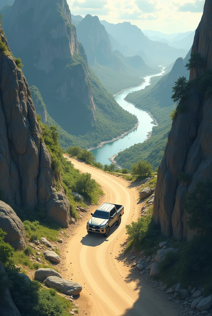 The Ghibli-style image shows an aerial view of a Toyota Hylux pickup truck cruising along a sandy road on top of a mountain., between high mountains and a river passing between them.