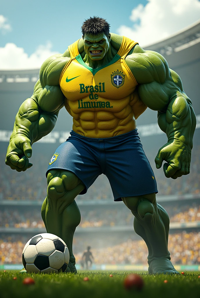 create a Hulk in a football stadium stepping on a ball with the Brazilian national team ga polo shirt with writing on the chest BRASIL DE LIMEIRA
