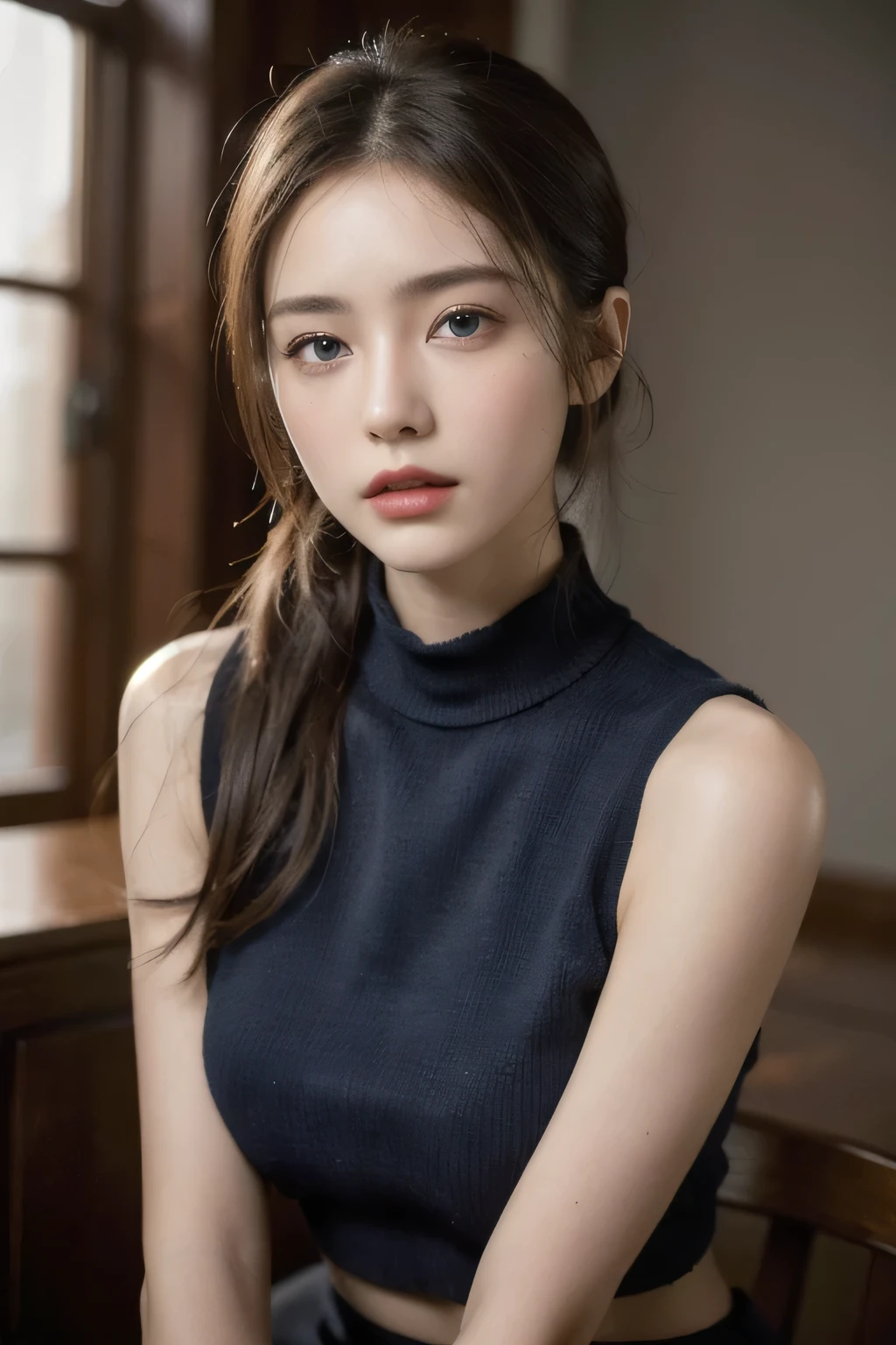One person, Slim face, Piercing blue eyes, Brunette, Tie your hair up, thin:1.3, body, Wearing a thin knit sweater, Dark colored high-length short skirt, Put your hands on your knees, View your viewers, (Eye-level shot, Cowboy Shot),
break
(Highest quality:1.3, masterpiece:1.3), (Realistic, photo Realistic:1.2), High resolution, 超High resolution, 8k, (Realistic skin, Smooth, lustrous skin), (Normal expression, Perfect Anatomy),Large Breasts:1.5,