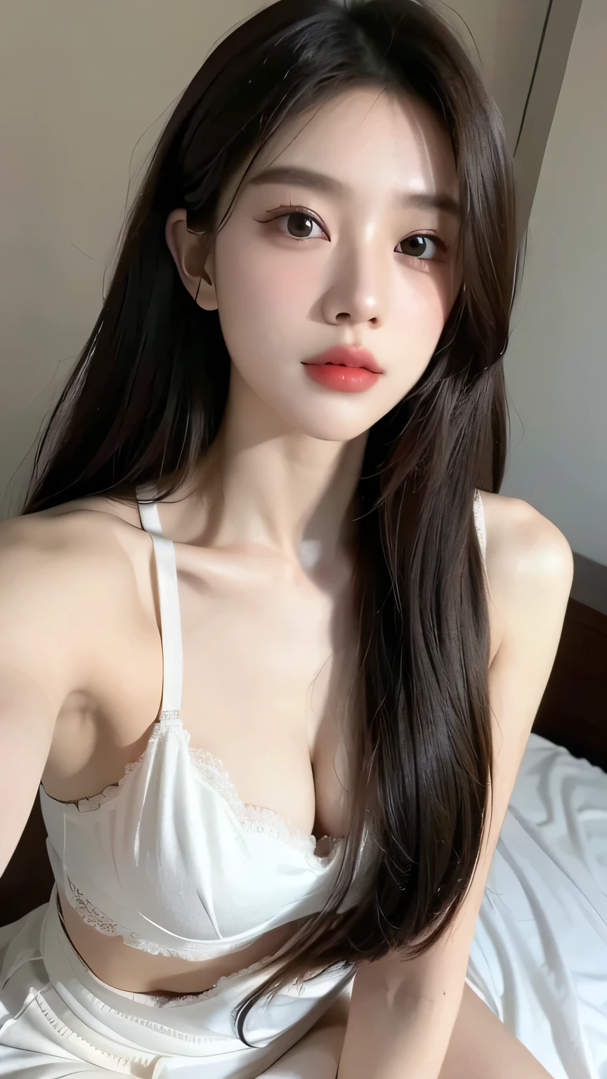 One person,Bra Top,Beautiful legs,whole body,Black Hair,alone,Long Hair,On the bed,lie down,Top view,Selfie,avert your eyes,Look to the side,compensate,lipstick,, Highest quality , masterpiece, figure, Very delicate and beautiful, Very detailed ,CG,Unity,8k wallpaper, wonderful, In detail, masterpiece, Highest quality,Official Art,Very detailed CG Unity 8k wallpaper,Absurd, incredibly Absurd, Large file size , Very detailed, High resolution, Very detailed,Beautiful detailed, Very detailed eyes and face, Beautiful attention to detail,Light on the face,