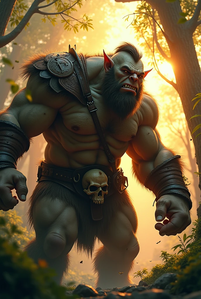 close up:1.3, (masterpiece:1.5),(Best Quality:1.6), (ultra high resolution:1.4), strong and robust ogre, dynamic pose, with shoulder pads and leather bones, large and sharp fangs, leather belt with a skull , loincloth, detailed illustration, Intricate, Idyllic, magical elves in the forest:1.5, landscape, Vibrant colors, sunrise, sun rays passing through the trees, leaves falling from the trees, dew on leaves and plants, clouds, (( magical, beautiful, from another world, trees:1.4 )), (( Best Quality, Vibrant, 32K, clear, well-defined shadows)).(Best Quality,4k,8k,high resolution,masterpiece:1.2),ultra detailed,(realist,photorealist,photo-realist:1.37),Very detailed face,extremely detailed facial features,hyper realist skin texture,extremely fine details,intricate details,detailed eyes,detailed nose,detailed lips,Detailed facial expressions,intricate facial anatomy,intense lighting,Dramatic lighting,changing lighting,cinematic lighting,chiaroscuro lighting,dramatic shadows,Dramatic moments,vivid colors,intense colours,Deep contrast,cinematic depth of field,cinematographic composition,cinematic camera angle