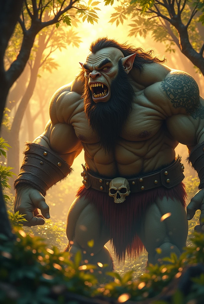 close up:1.3, (masterpiece:1.5),(Best Quality:1.6), (ultra high resolution:1.4), strong and robust ogre, dynamic pose, with shoulder pads and leather bones, large and sharp fangs, leather belt with a skull , loincloth, detailed illustration, Intricate, Idyllic, magical elves in the forest:1.5, landscape, Vibrant colors, sunrise, sun rays passing through the trees, leaves falling from the trees, dew on leaves and plants, clouds, (( magical, beautiful, from another world, trees:1.4 )), (( Best Quality, Vibrant, 32K, clear, well-defined shadows)).(Best Quality,4k,8k,high resolution,masterpiece:1.2),ultra detailed,(realist,photorealist,photo-realist:1.37),Very detailed face,extremely detailed facial features,hyper realist skin texture,extremely fine details,intricate details,detailed eyes,detailed nose,detailed lips,Detailed facial expressions,intricate facial anatomy,intense lighting,Dramatic lighting,changing lighting,cinematic lighting,chiaroscuro lighting,dramatic shadows,Dramatic moments,vivid colors,intense colours,Deep contrast,cinematic depth of field,cinematographic composition,cinematic camera angle