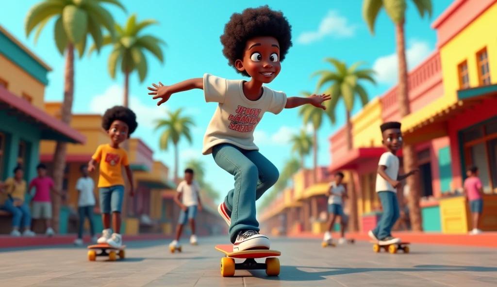 Generate me an image of a 3d cartoon afro american character skateboarding with his friends in the streets of lome, the capital of Togo