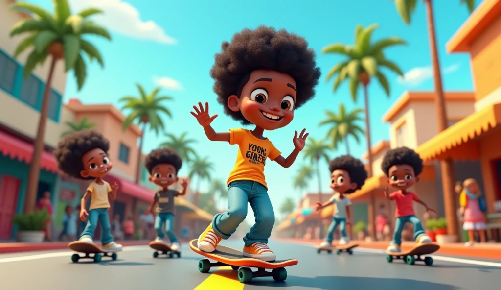 Generate me an image of a 3d cartoon afro american character skateboarding with his friends in the streets of lome, the capital of Togo