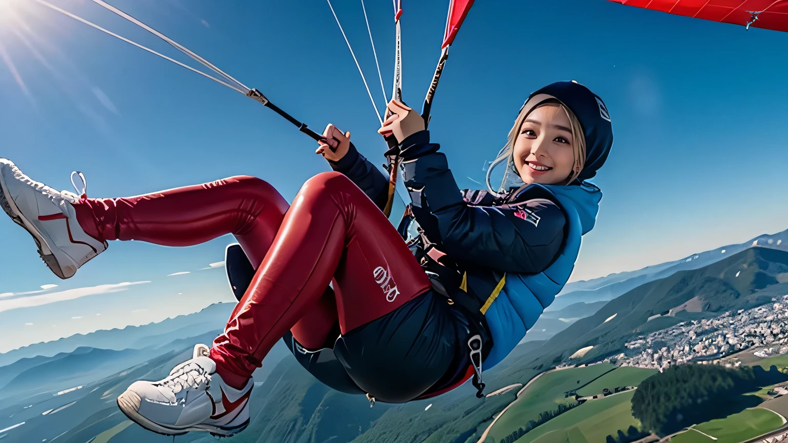 Beautiful Korean Girl wearing hijab, 25 Years Old, Paragliding in Swiss Alps Valley, ((In the air)), ((Paragliding)), Solo, Air, Realistic, Ultra HD, 8k unity Wallpaper, Ray Tracing, Beautiful smile, (smile:1.2), Knee length red dress wearing long leggings, detailed background, Detailed skin, Detailed dress, Stylish look, Enjoying fully in paragliding, Beautiful nature background view from the air,