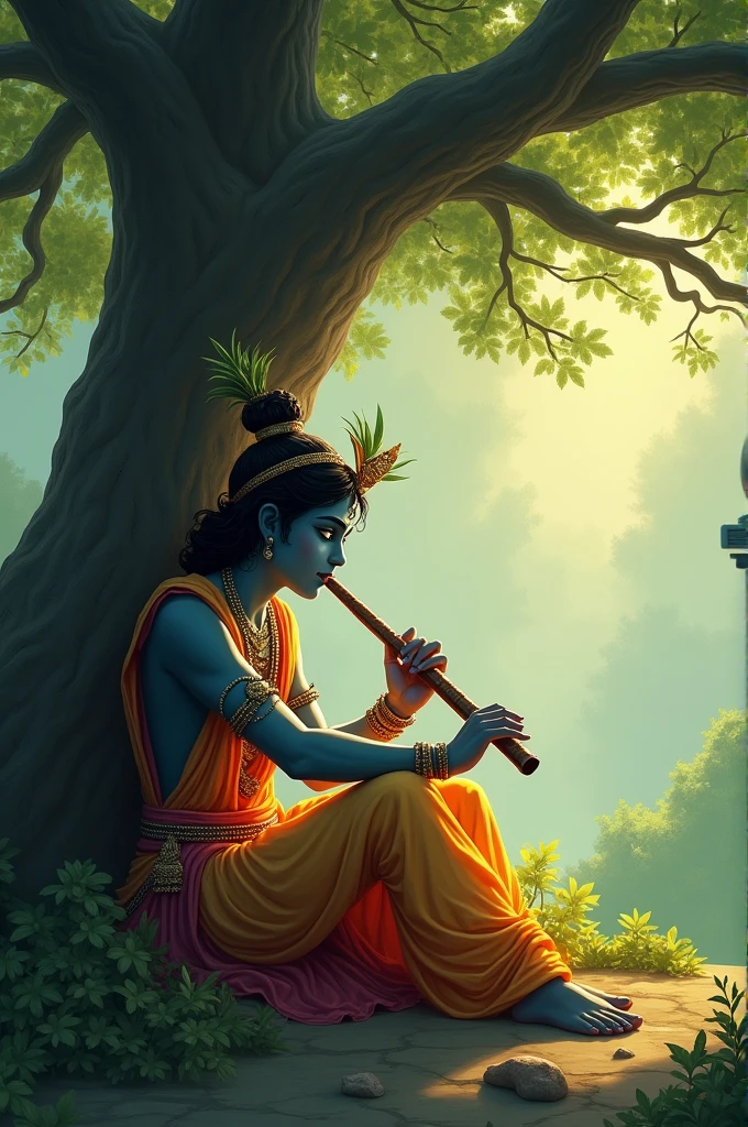 Lord Krishna was sitting under a shady tree playing the flute shadow 
