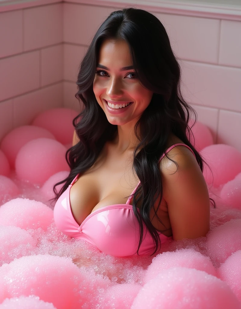 A beautiful Italian girl with long straight black hair, 26 years old, is happy in the middle of a pile of pink bubbles made with dishwashing liquid, wearing only a shiny apron. Excellent quality, high detail. 8k image, low angle. Duch shot. look . Her breasts stand out, her sexy and attractive body is happy