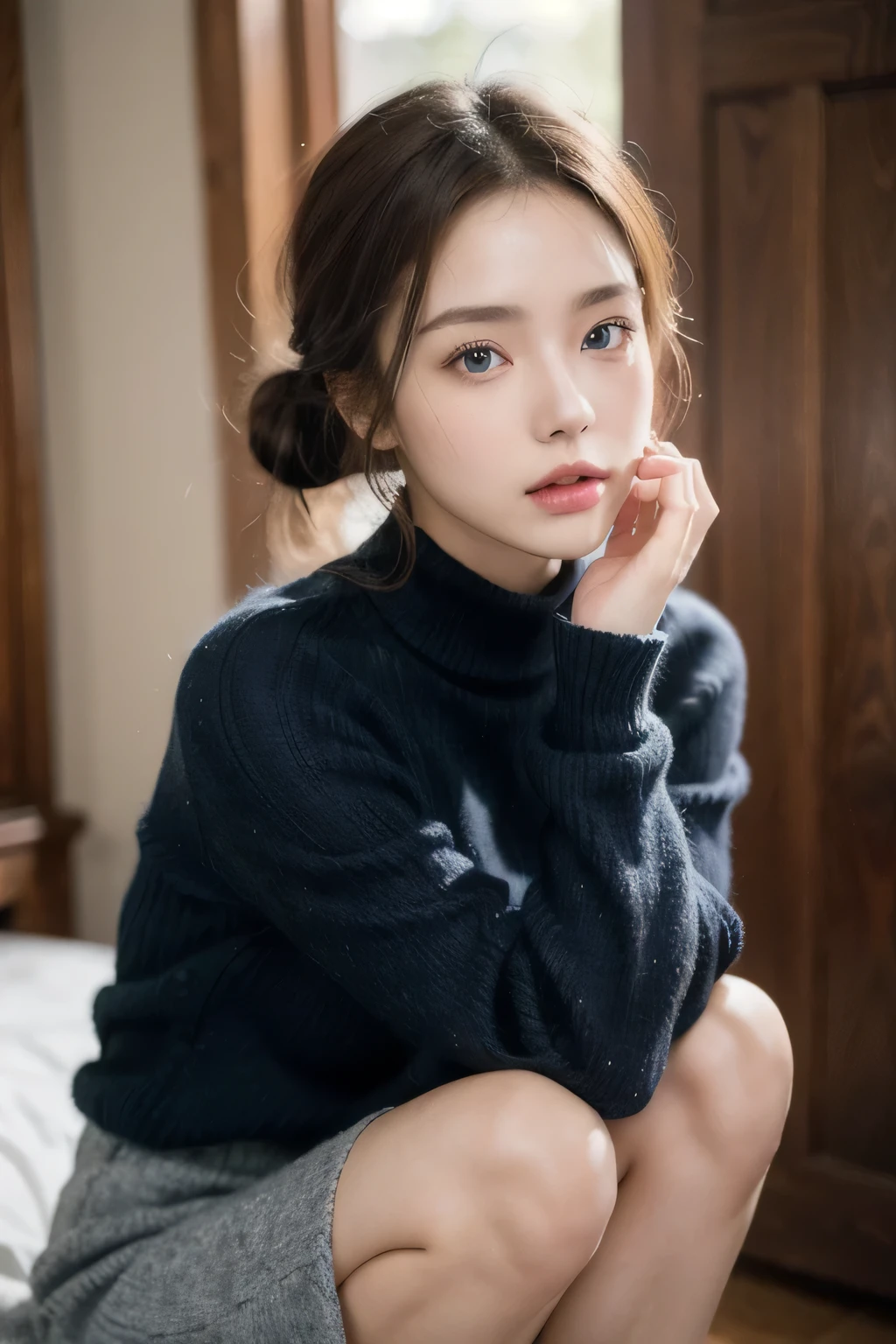 One person, Slim face, Piercing blue eyes, Brunette, Tie your hair up, thin:1.3, body, Wearing a thin knit sweater, Dark colored high-length short skirt, Put your hands on your knees, View your viewers, (Eye-level shot, Cowboy Shot),
break
(Highest quality:1.3, masterpiece:1.3), (Realistic, photo Realistic:1.2), High resolution, 超High resolution, 8k, (Realistic skin, Smooth, lustrous skin), (Normal expression, Perfect Anatomy),Large Breasts:1.5,