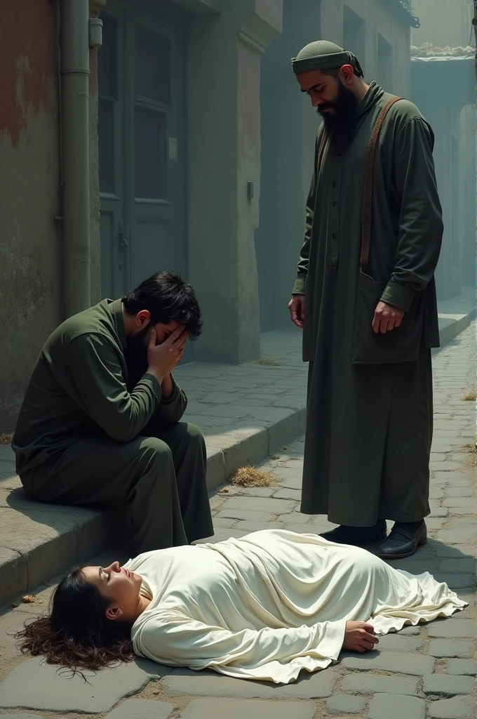 A woman covered with a sheet is lying on the side of the road. 
A madrasa student sits and cries. A gentleman stands in front of them.
