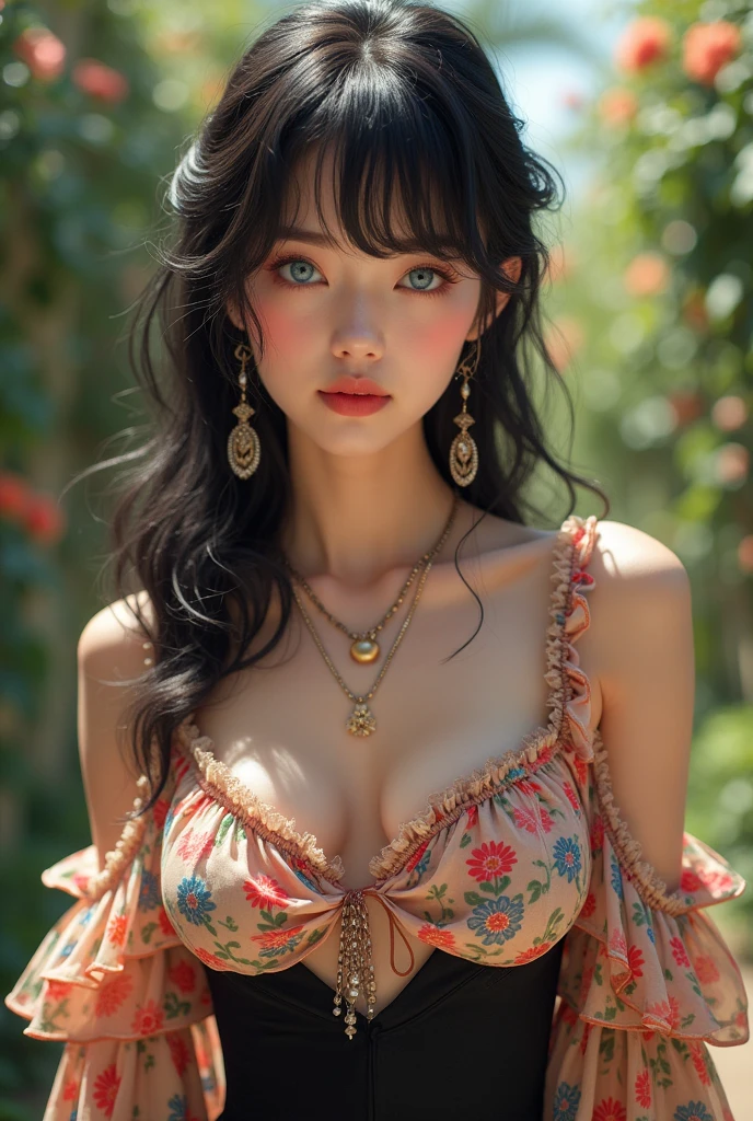score_9,score8_up, ((head to thigh portrait)), (majestic:1.5),(uhd:1.3), (best quality,highres,masterpiece:1.2), ultra-detailed, (realistic, photorealistic, photo-realistic:1.37),(highest resolution, distinct_image), A stunningly beautiful woman with medium black hair artfully styled into bangs and frills that frame her face, drawing the eye to her captivating gaze. Her striking blue eyes are the focal point, sparkling with an allure that seems to invite the viewer into her world. A delicate soft blush graces her cheeks, adding a natural warmth to her already flawless complexion. Her lips are a gentle pink, curled into a closed smile that suggests a secret only she knows. She is dressed in a vibrant, colorful frilled blouse that falls off her shoulders, revealing a tantalizing glimpse of her collarbone and a hint of cleavage. The garment is adorned with intricate patterns that dance in the soft daylight, casting playful shadows across her chest. The woman's figure is accentuated by a sleek black microskirt that hugs her curves and draws attention to her slim waist. Accessorizing her outfit are a pair of elegant earrings that dangle from her lobes, catching the light as she tilts her head slightly. A collection of tasteful jewelry complements her ensemble, adding a touch of sophistication to her youthful charm. Her clear, poreless skin glows with vitality, setting the stage for an outdoor scene that is rich in detail. The background is a well-manicured garden, with lush greenery and vibrant flowers that serve as a picturesque backdrop for her beauty. The sun kisses her skin, casting a radiant glow that highlights her features and the delicate fabric of her blouse. Her posture is poised yet relaxed, exuding a sense of confidence and ease. The overall effect is one of enchantment, a moment frozen in time that captures the essence of feminine grace and charm.
Red beautiful dress