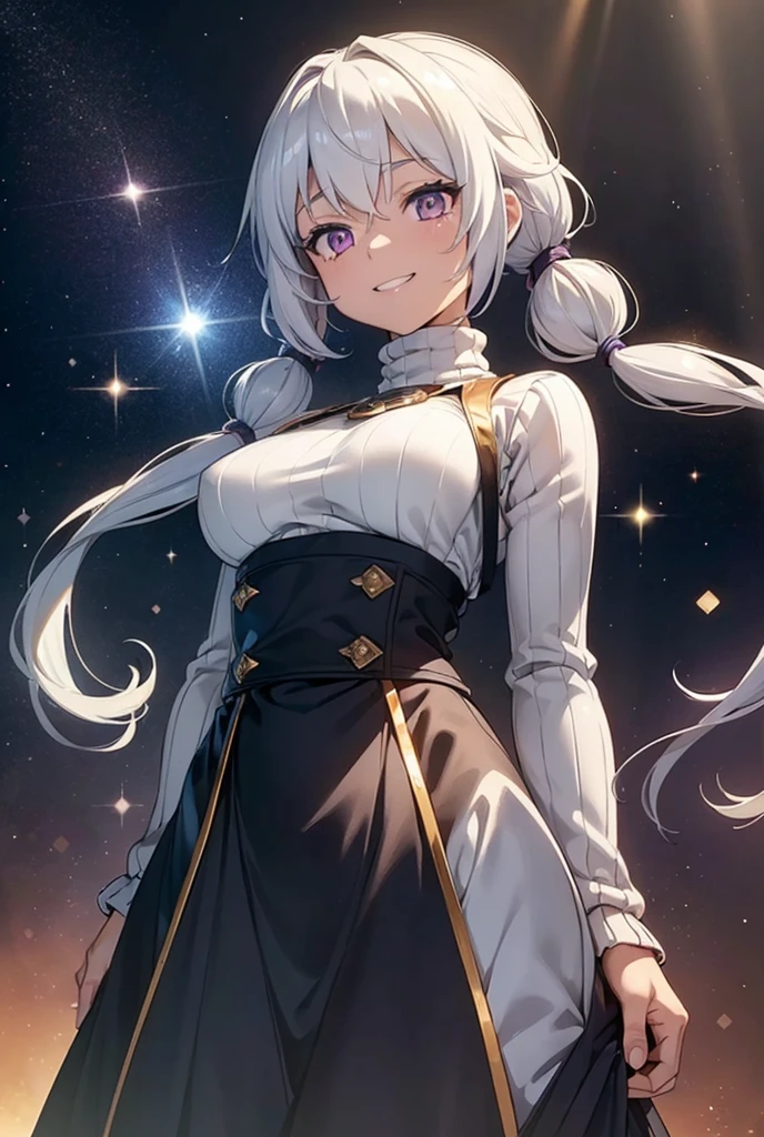 (masterpiece), (ultra-detailed), ((extremely delicate and beautiful girl)), (realistic:0.5), 1girl, (petite), 18 years old, grin smiling, (Yukine chris), white hair,  low twintails, purple eyes, Mature Body, large breasts, perfect hands, five fingers, ((knit sweater,underbust)), ((high waist long skirt)), ((jumping)), night time, ((apparel shop)), shiny skin, shiny body, amazing, perfect anatomy, ((dynamic angle)), ((Dutch angle)), ((close-up)), high resolution, Detailed background, ((perfect anatomy)), best shadow, 8k wallpaper, (extremely detailed CG unity 8k photo), (hexagon effect, glitter effect, (rays of light)), depth of field, best lighting, hard focus