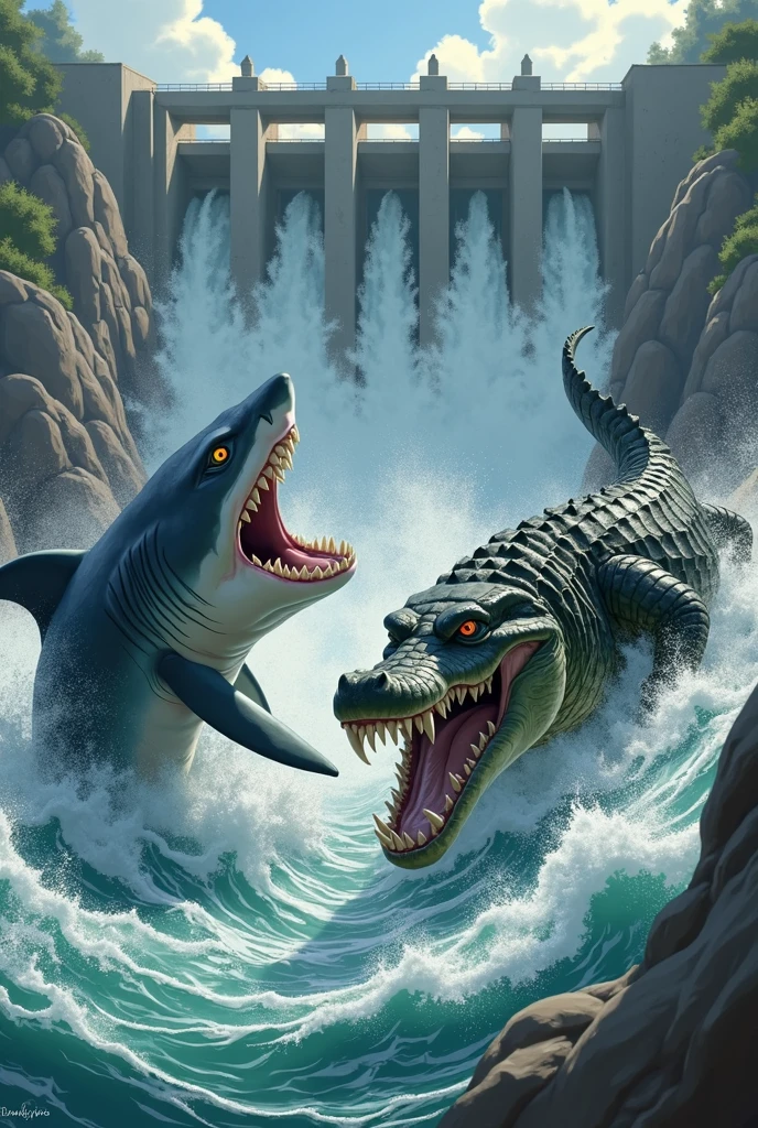 Angry shark and angry crocodile fight at Madara and Hasirama dam in Konoha