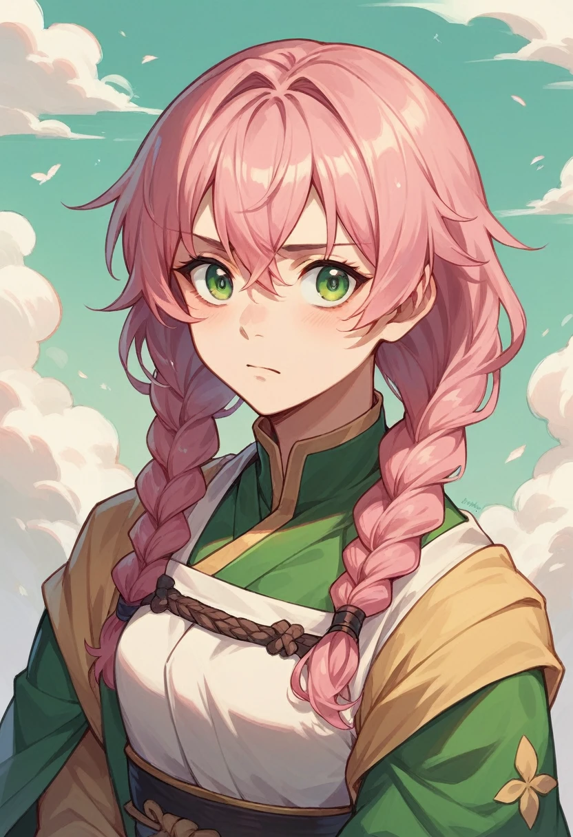 Create an image of Mitsuri kanroji from deamon slayer, pink hair with green tips, thick twin braids with green tips 