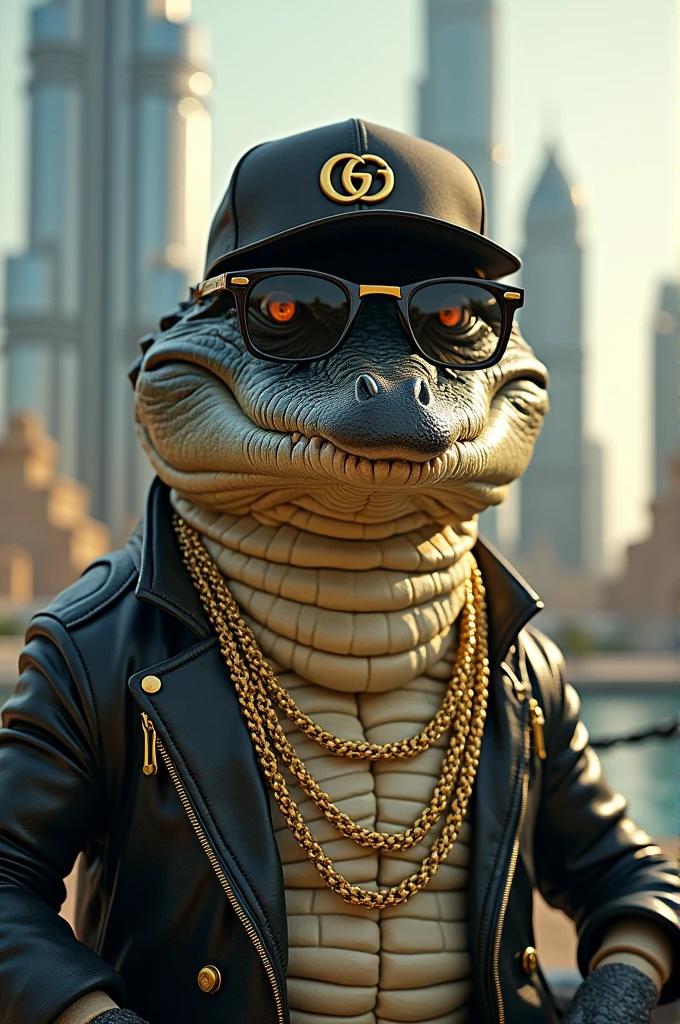 An alligator in a Gucci cap with glasses and gold chains standing near the Burj Khalifa