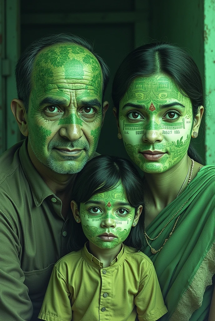 Indian middle class family real face on front and back is green with Indian currency