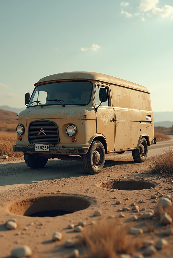 (photorealism:1.2), van life citroen jumper 1994  bloqued on the road with wholes