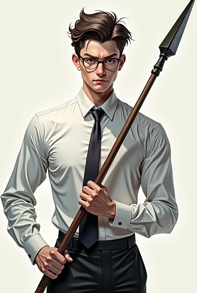 Tall lean man with glasses, young, short hair, formal white shirt, full body, spear