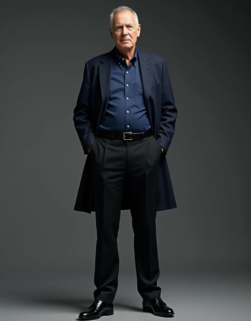 A guy 50 years old crew cut hair wearing navy blue shirt, with navy blue short and formal coat, with black pants and black shoes