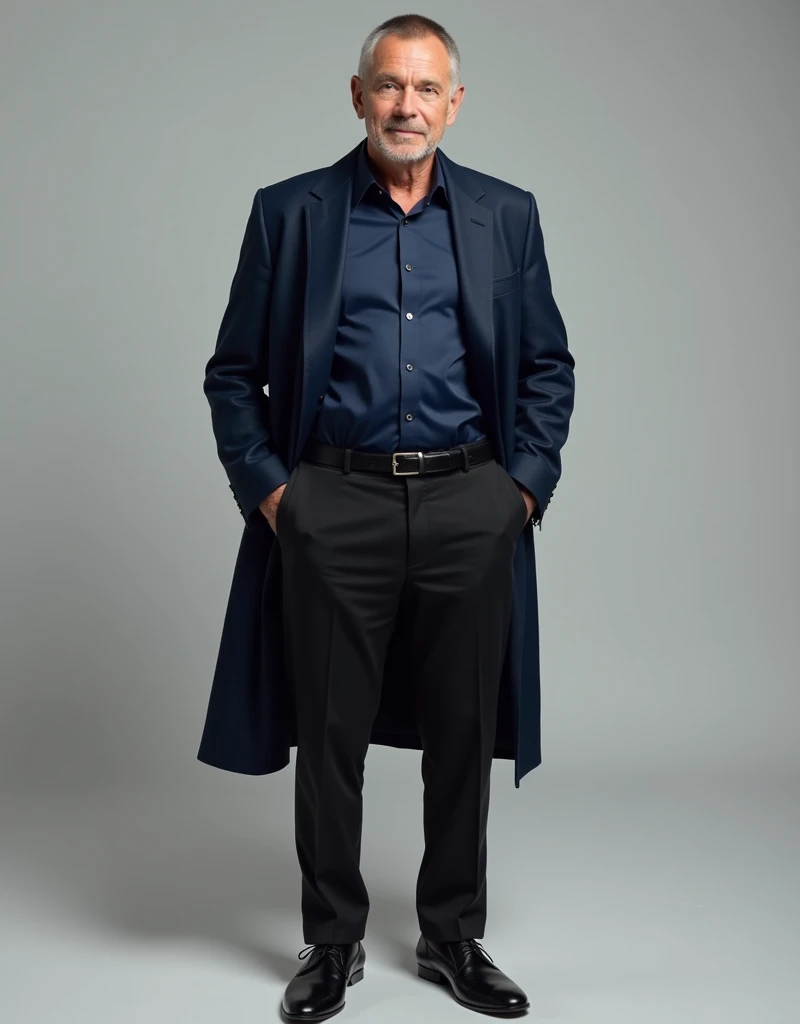 A guy 50 years old crew cut hair wearing navy blue shirt, with navy blue short and formal coat, with black pants and black shoes