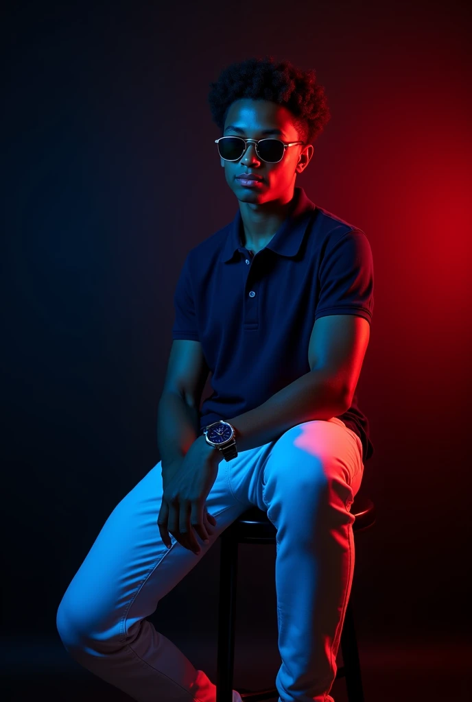 A tan boy with gym body and black curly hair and navy blue polo t shirt and white long trousers and old watch on it and black loafers sitting on black stool and black background with red and blue light on it the boy turning right side and wereing a sunglass