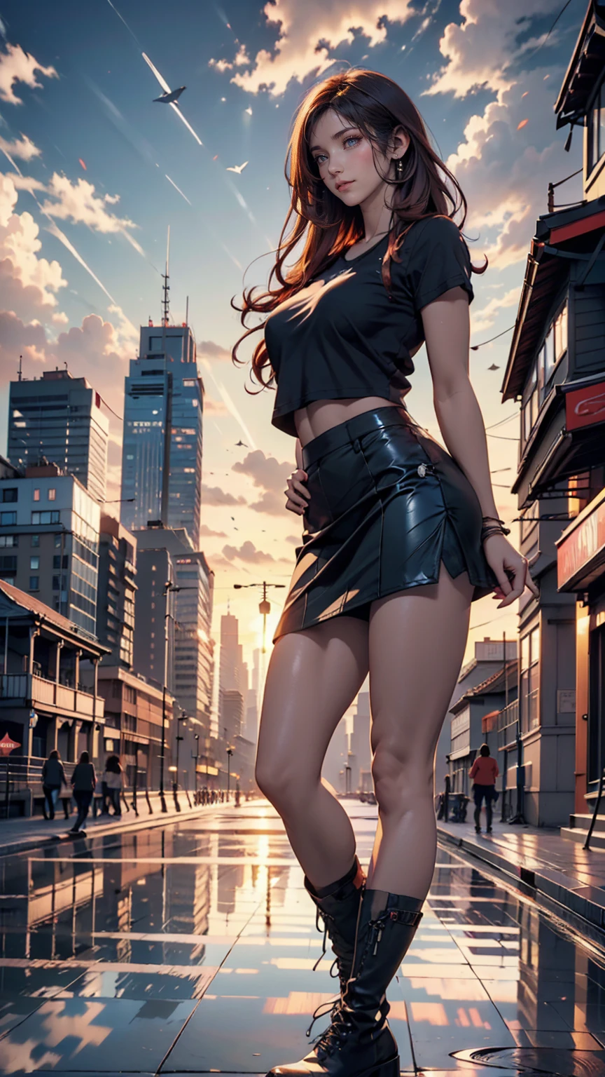 ((Best illustrations)) Brazilian, Redhead, Teenage body, Black Top, Black tight skirt, Black boots, Cityscape, building, Skyline, sunset, Silhouette reflected in the clouds, Contemplative.