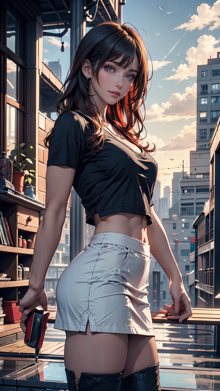 ((Best illustrations)) Brazilian, Redhead, Teenage body, Black Top, Black tight skirt, Black boots, Cityscape, building, Skyline, sunset, Silhouette reflected in the clouds, Contemplative.  