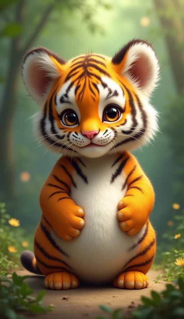 A cute real little tiger, Very fat,Full of patterns,Pregnant big belly,Big bright eyes, Cute and cuddly,Fluffy, Delicate and exquisite, Realistic tiger cub,The expression is very cute,Two paws touching the belly,Green forest background