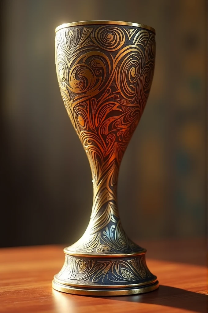 Create a sketch of a soccer trophie with tribal melanesian motifs enggraved in its base and stand