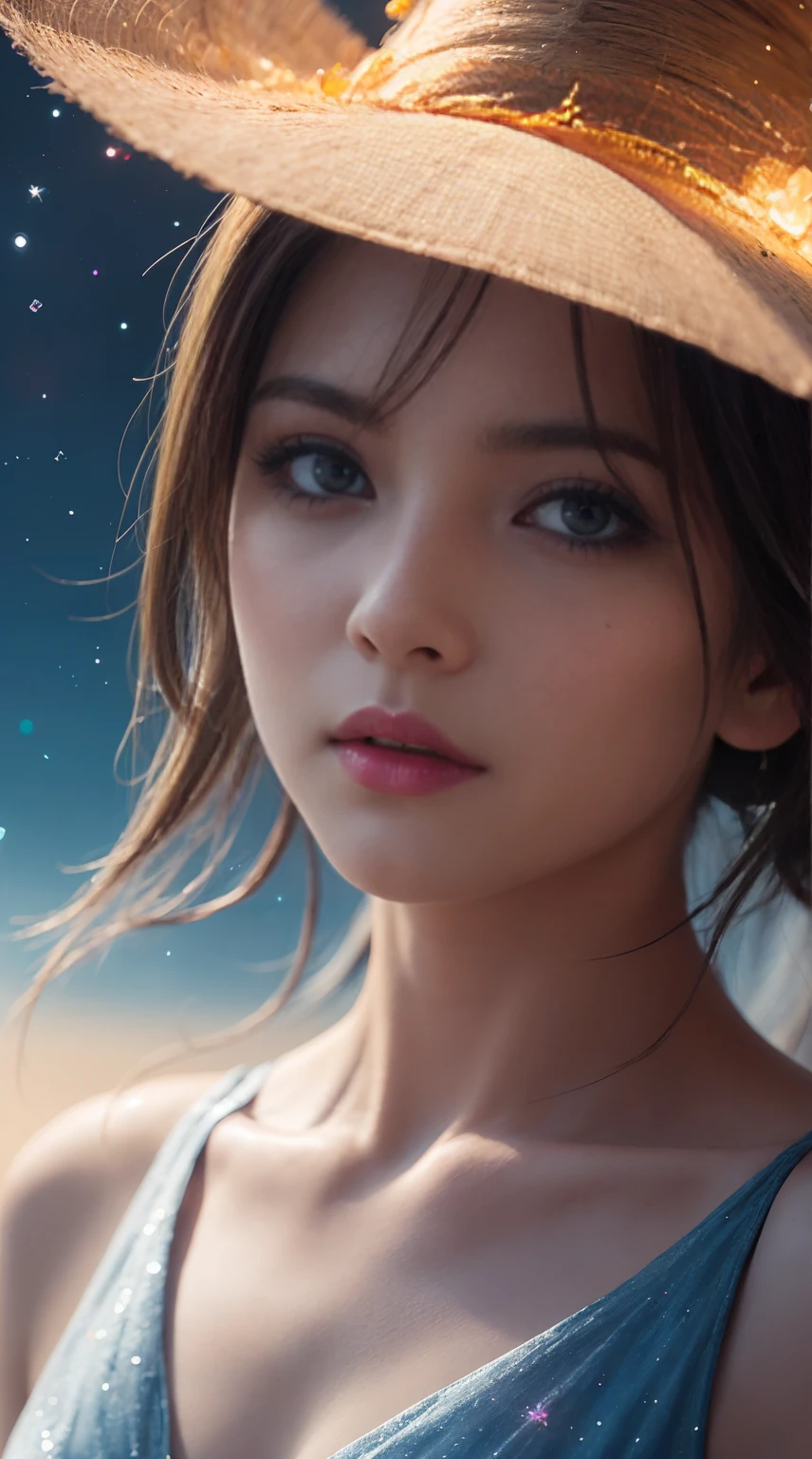 Masterpiece, Superb Girl, Cute Girl, Bust, High Detail Eyes, Perfect Eyes, Portrait, High Detail Face, Same Eyes, Glare, Rainbow Color, Global Illumination, Soft Light, Dream Light, Digital Painting, 8K Close-up, Fantasy, Night Sky, Stars, Nebula, White Crystal, Moonlight, Serenity, Summer, (8K:1.1)