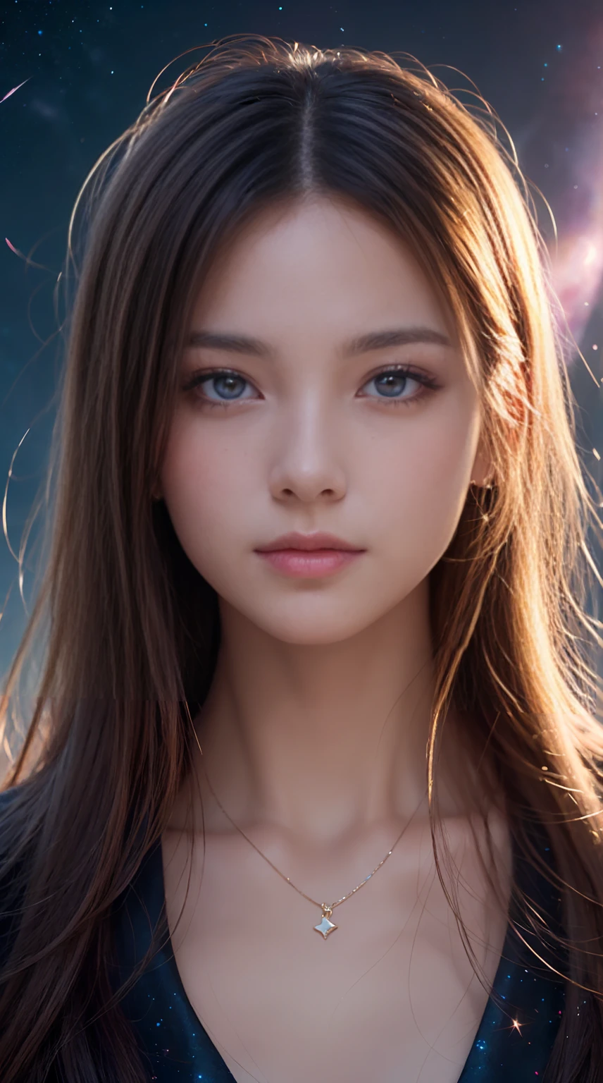 Masterpiece, Superb Girl, Cute Girl, Bust, High Detail Eyes, Perfect Eyes, Portrait, High Detail Face, Same Eyes, Glare, Rainbow Color, Global Illumination, Soft Light, Dream Light, Digital Painting, 8K Close-up, Fantasy, Night Sky, Stars, Nebula, White Crystal, Moonlight, Serenity, Summer, (8K:1.1)