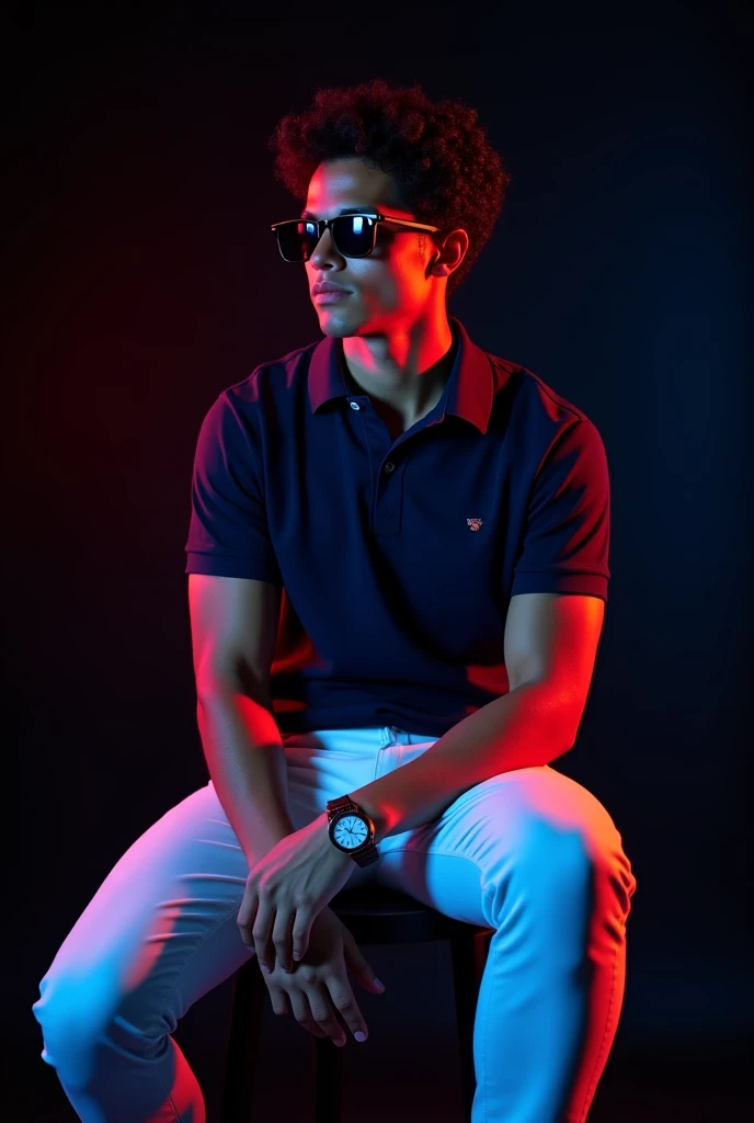 A tan boy with gym body and black curly hair and navy blue polo t shirt and white long trousers and old watch on it and black loafers sitting on black stool and black background with red and blue light on it the boy turning right side and wereing a sunglass