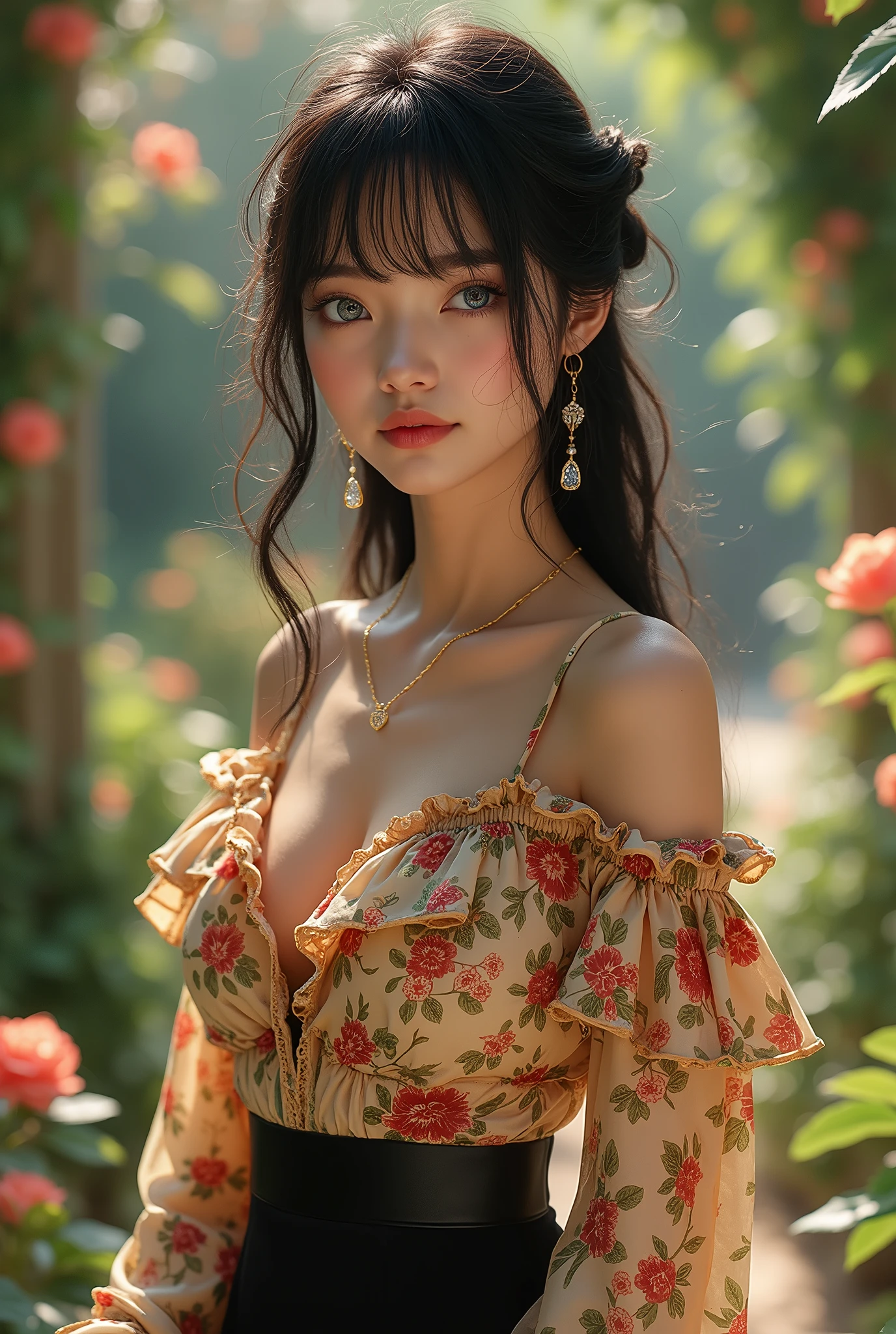 score_9,score8_up, ((head to thigh portrait)), (majestic:1.5),(uhd:1.3), (best quality,highres,masterpiece:1.2), ultra-detailed, (realistic, photorealistic, photo-realistic:1.37),(highest resolution, distinct_image), A stunningly beautiful woman with medium black hair artfully styled into bangs and frills that frame her face, drawing the eye to her captivating gaze. Her striking blue eyes are the focal point, sparkling with an allure that seems to invite the viewer into her world. A delicate soft blush graces her cheeks, adding a natural warmth to her already flawless complexion. Her lips are a gentle pink, curled into a closed smile that suggests a secret only she knows. She is dressed in a vibrant, colorful frilled blouse that falls off her shoulders, revealing a tantalizing glimpse of her collarbone and a hint of . The garment is adorned with intricate patterns that dance in the soft daylight, casting playful shadows across her chest. The woman's figure is accentuated by a sleek black microskirt that hugs her curves and draws attention to her slim waist. Accessorizing her outfit are a pair of elegant earrings that dangle from her lobes, catching the light as she tilts her head slightly. A collection of tasteful jewelry complements her ensemble, adding a touch of sophistication to her youthful charm. Her clear, poreless skin glows with vitality, setting the stage for an outdoor scene that is rich in detail. The background is a well-manicured garden, with lush greenery and vibrant flowers that serve as a picturesque backdrop for her beauty. The sun kisses her skin, casting a radiant glow that highlights her features and the delicate fabric of her blouse. Her posture is poised yet relaxed, exuding a sense of confidence and ease. The overall effect is one of enchantment, a moment frozen in time that captures the essence of feminine grace and charm.
Red beautiful dress