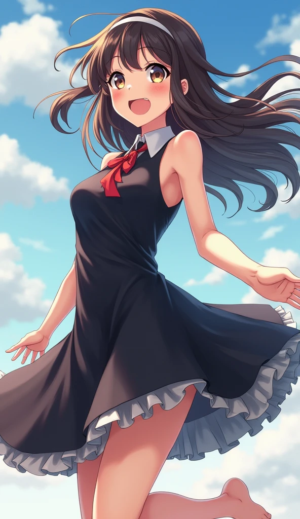 Anime girl flying in the air with a big smile on her face., anime girl weaalsog a black dress, cushart, visual anime of a cute girl, Cushart Kenz, anime visual of a young woman, Anime Seven Deadly Sins, corona de cushart key art feminine, corona de cushart, in dress, also, anime girl named lucy