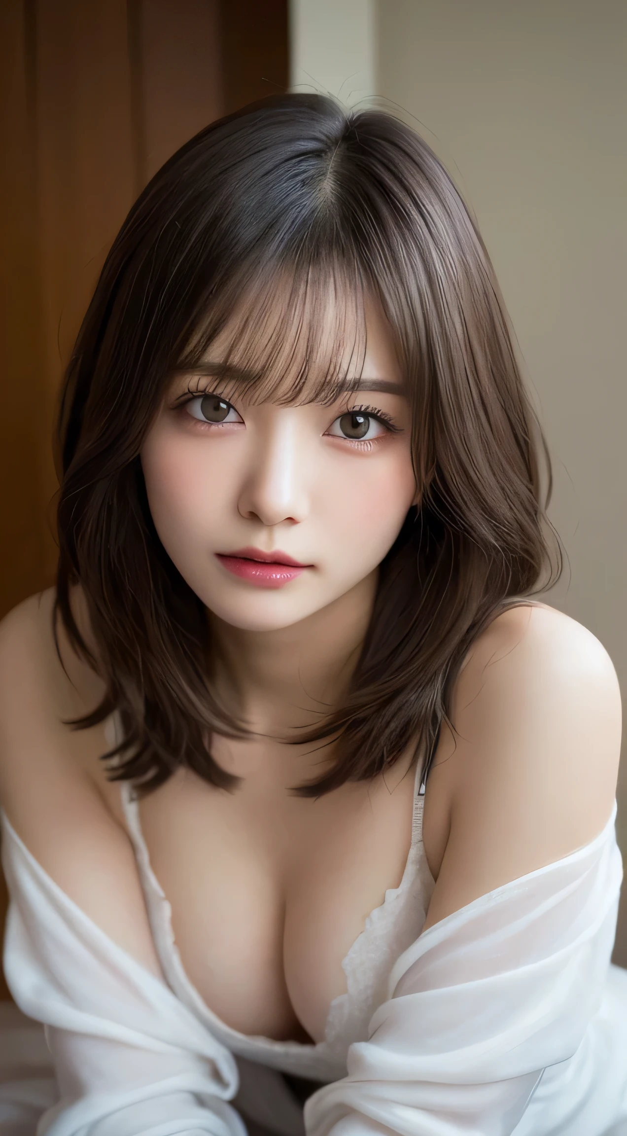 table top, highest quality, shape, Super detailed, finely, High resolution, 8k wallpaper, Perfect dynamic composition, beautiful and detailed eyes, Down jacket,wavy hair,small breasts natural color lip, bold sexy pose,smile、20 year old girl、cute、Sexy shot looking at camera,RAW photo,messy hair、A girl lay in bed, her eyes misty and seductive, biting her bottom lip,shiny eyes, looking at viewer, wet clothes, see-through clothes, nipples, wet body, wet hair, tindal effect, lens flare,shade, bloom, backlighting, depth of field, natural lighting, hard focus, film grain,detailed breasts,breast slip,Bite one's lower lip,Bite one's lower lip,The eyes are seductive and blurred, The eyes are seductive and blurredsome water vapor, sweats, deadoralive ayane,A girl lay in bed, her eyes misty and seductive, biting her bottom lip