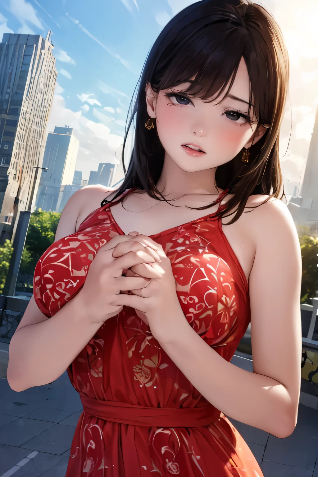 high-definition image, (((round face))), eyes realistic sizing, realistic skin, drooping eyes, smiling, ((ecstasy face when she doing self pleasure by holding breasts with her hands (from over clothes))), ((various patterned feminine casual long dress)), (strong sunlight, old fashion), skyscrapers, tiny earrings,