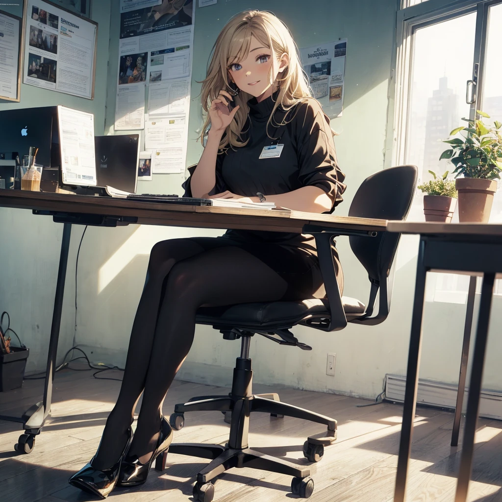 (Best Quality, Masterpiece), office lady Magazine Cover, 1girl,Magazine Cover, 1girl, amazing 30 years old wife, stunning, cute, warm smile, hourglass figure, floral dress, office desk, office chair,Lulubre Unity 8K Wallpaper, Beautiful background, clearly, Best Quality, The highest resolution, Best aesthetic,extremely detailed CG unity 8k,azine Cover,text, chart, advertising, magazine title